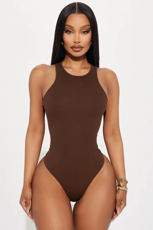 Model Attitude Racerback Bodysuit - Chocolate sold by Fashion Nova