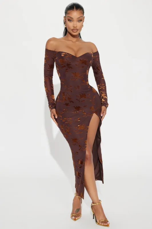 Freya Velvet Mesh Midi Dress - Chocolate sold by Fashion Nova