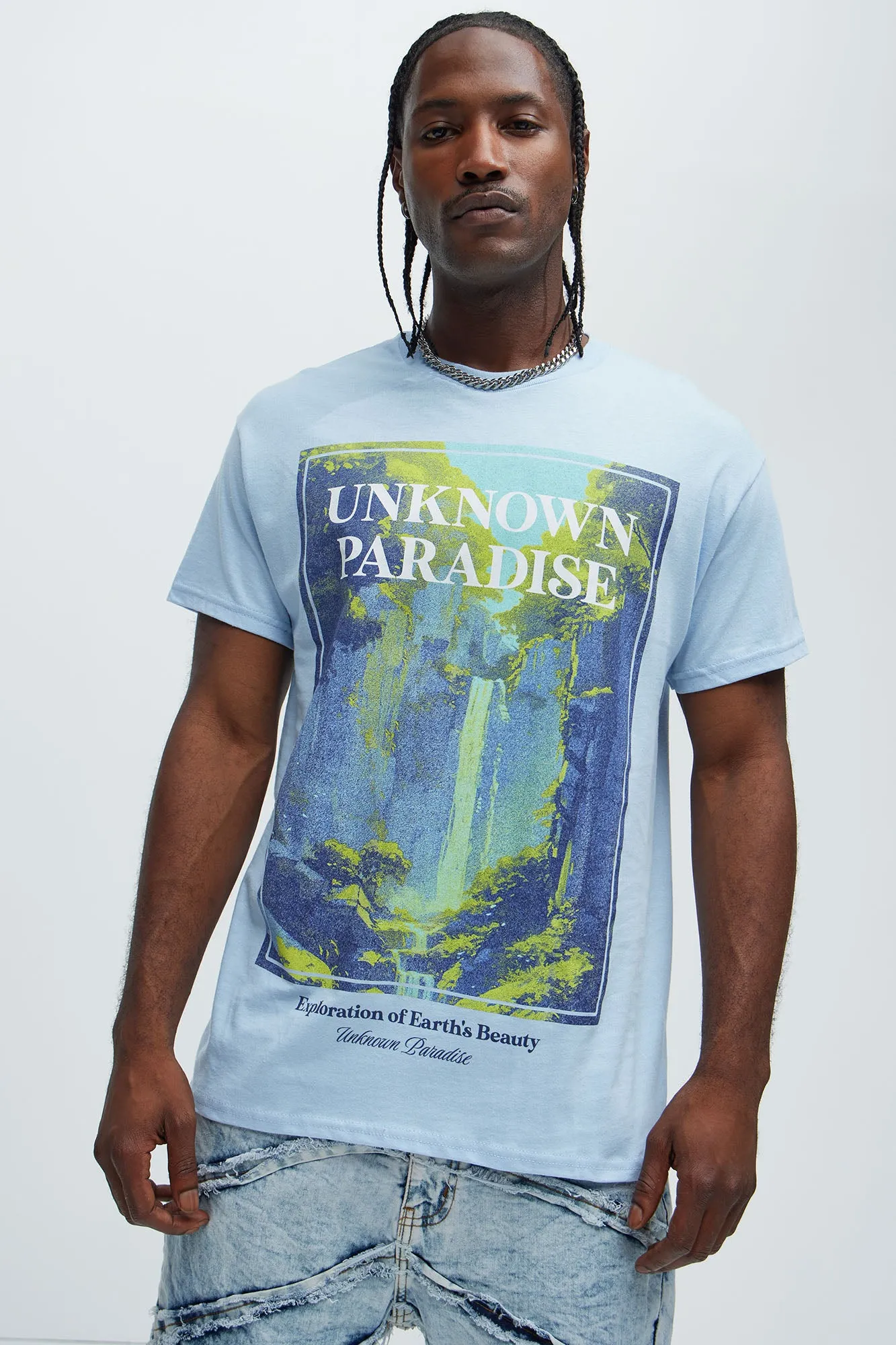 Unknown Paradise Short Sleeve Tee - Light Blue sold by Fashion Nova