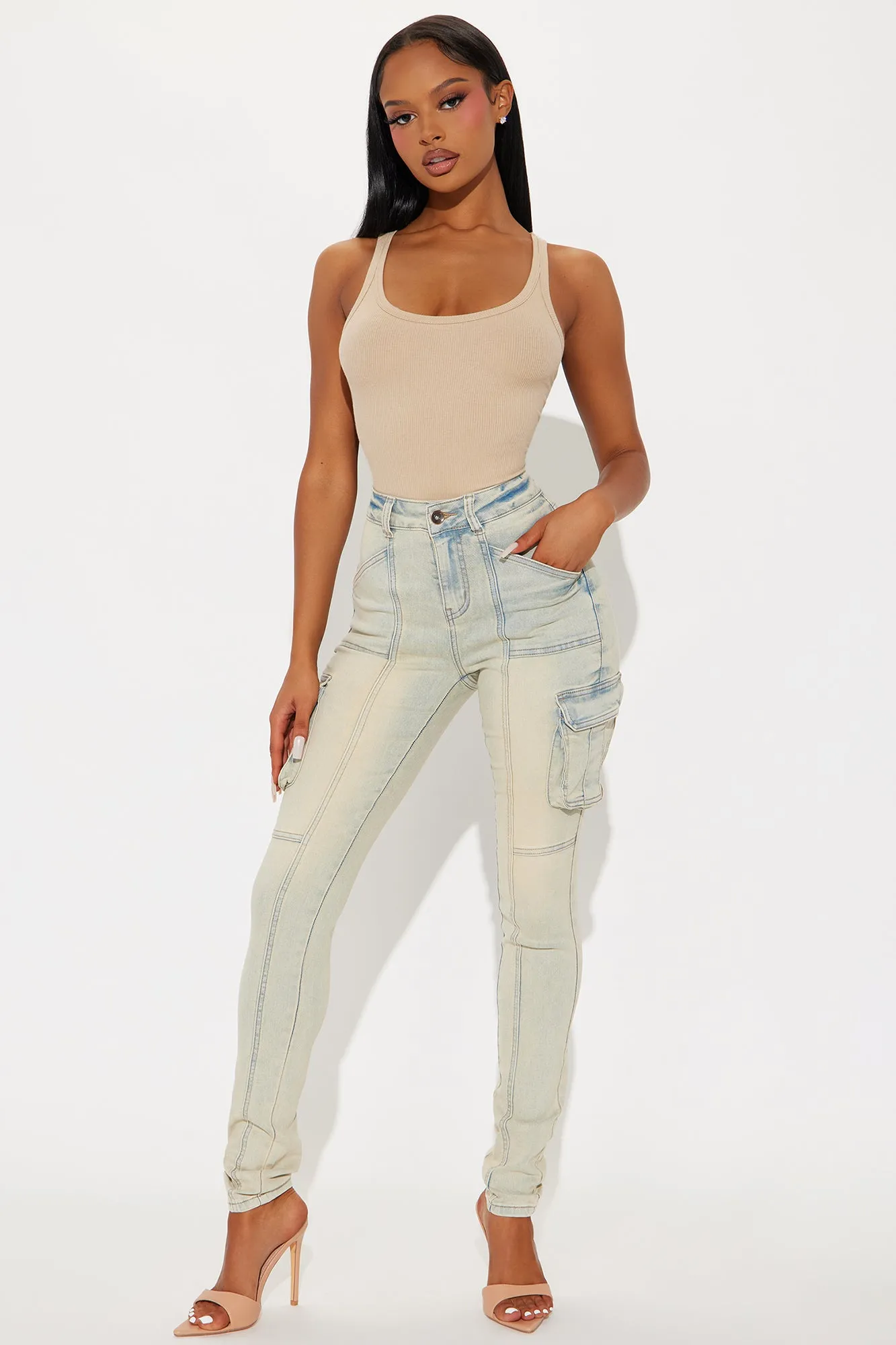 Tall Only The Facts Stretch Tinted Cargo Skinny Jeans - Vintage Wash sold by Fashion Nova