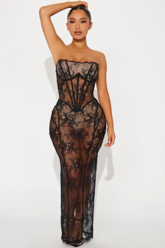 Lana Rhinestone Lace Maxi Dress - Black sold by Fashion Nova