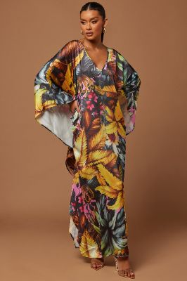 Ibiza Floral Satin Kaftan - Multi Color sold by Fashion Nova