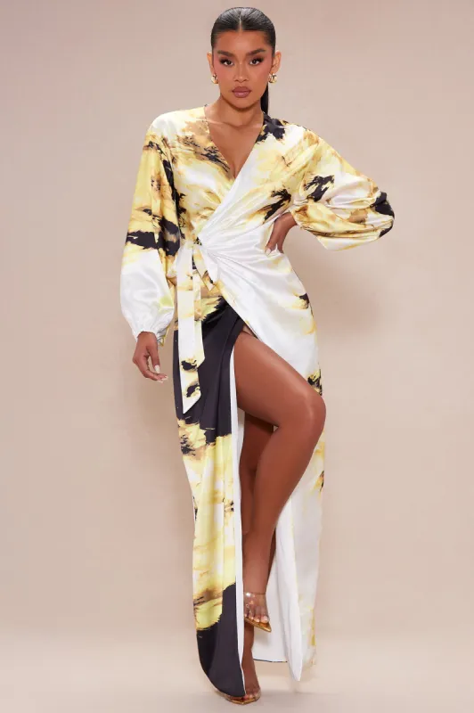 Vienna Satin Wrap Dress - Yellow/combo sold by Fashion Nova