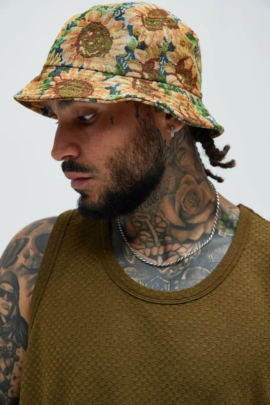 Sunflower Tapestry Bucket Hat - Green/combo sold by Fashion Nova