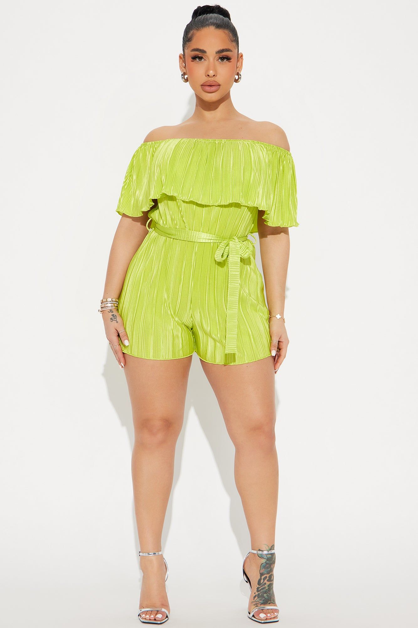 Kelly Plisse Romper - Chartreuse sold by Fashion Nova