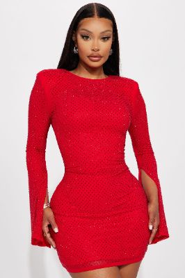 Sarah Rhinestone Mesh Mini Dress - Red sold by Fashion Nova