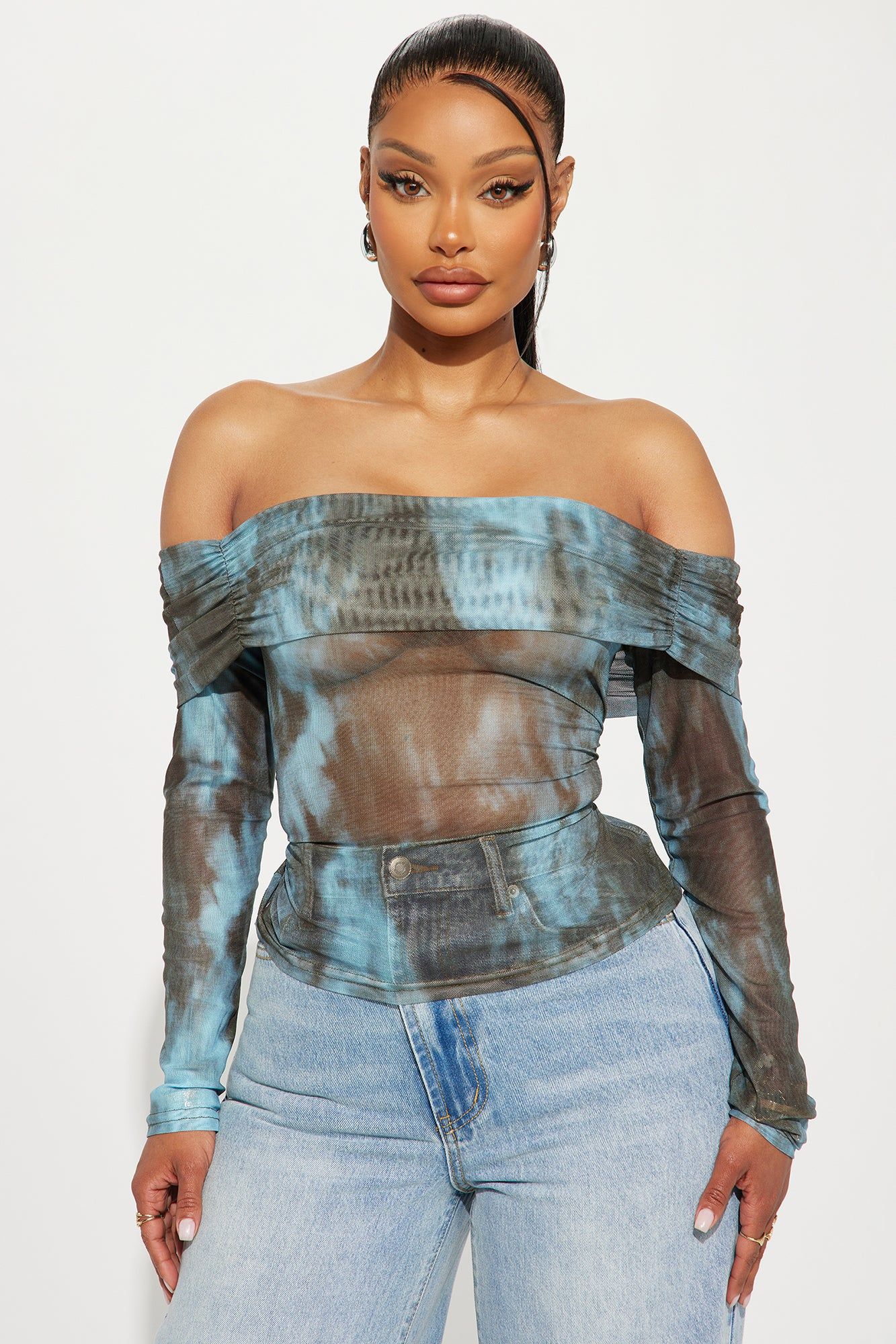 Sunday Love Off Shoulder Top - Blue/combo sold by Fashion Nova