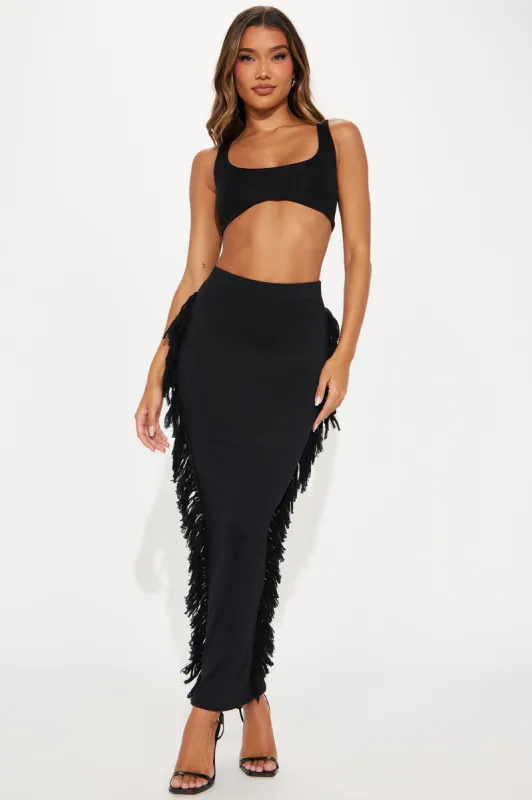 Making Moves Fringe Maxi Skirt - Black sold by Fashion Nova