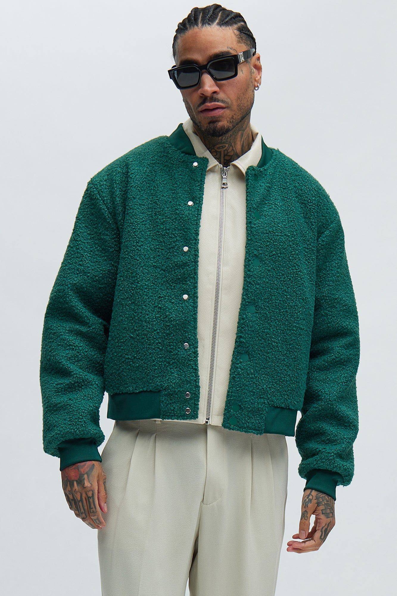 End Up Boucle Varsity Jacket - Green sold by Fashion Nova