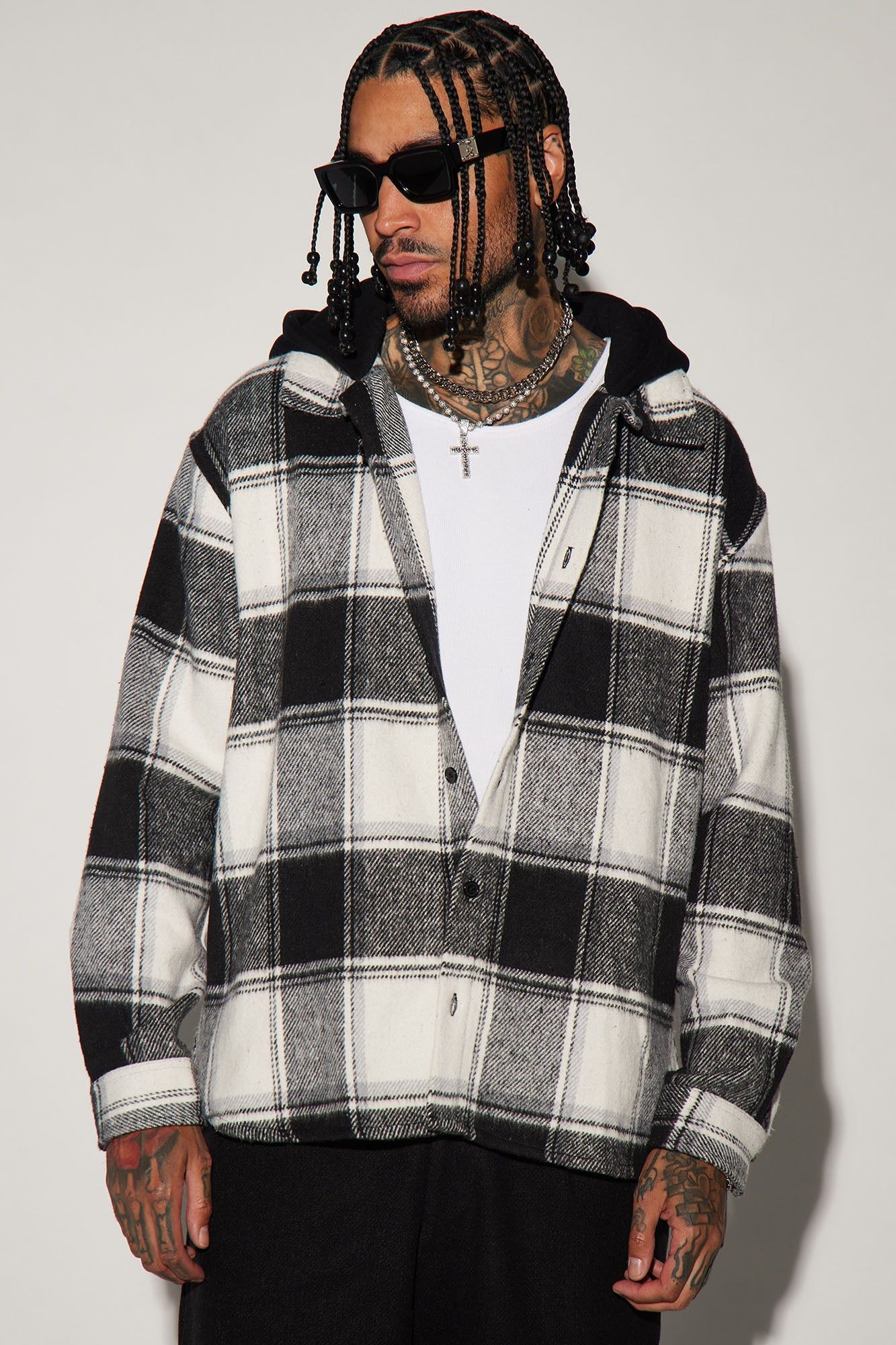 Chopping Block Hooded Shacket - Black/combo sold by Fashion Nova