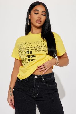 No Bad Vibes Smiley T-Shirt - Mustard sold by Fashion Nova