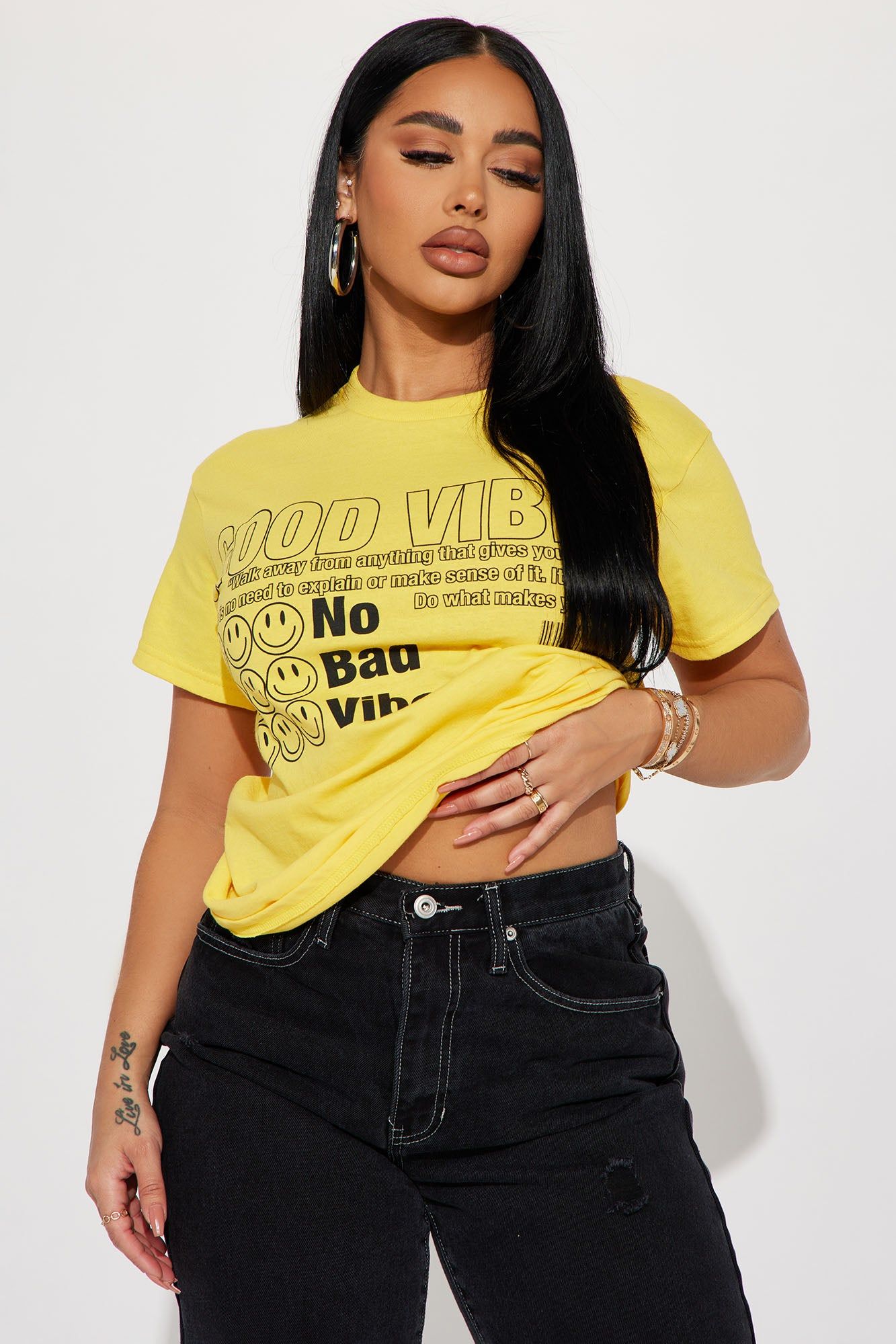 No Bad Vibes Smiley T-Shirt - Mustard sold by Fashion Nova