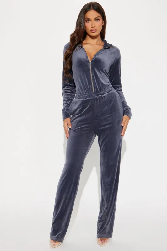 OG Friend Soft Velour Jumpsuit - Charcoal sold by Fashion Nova