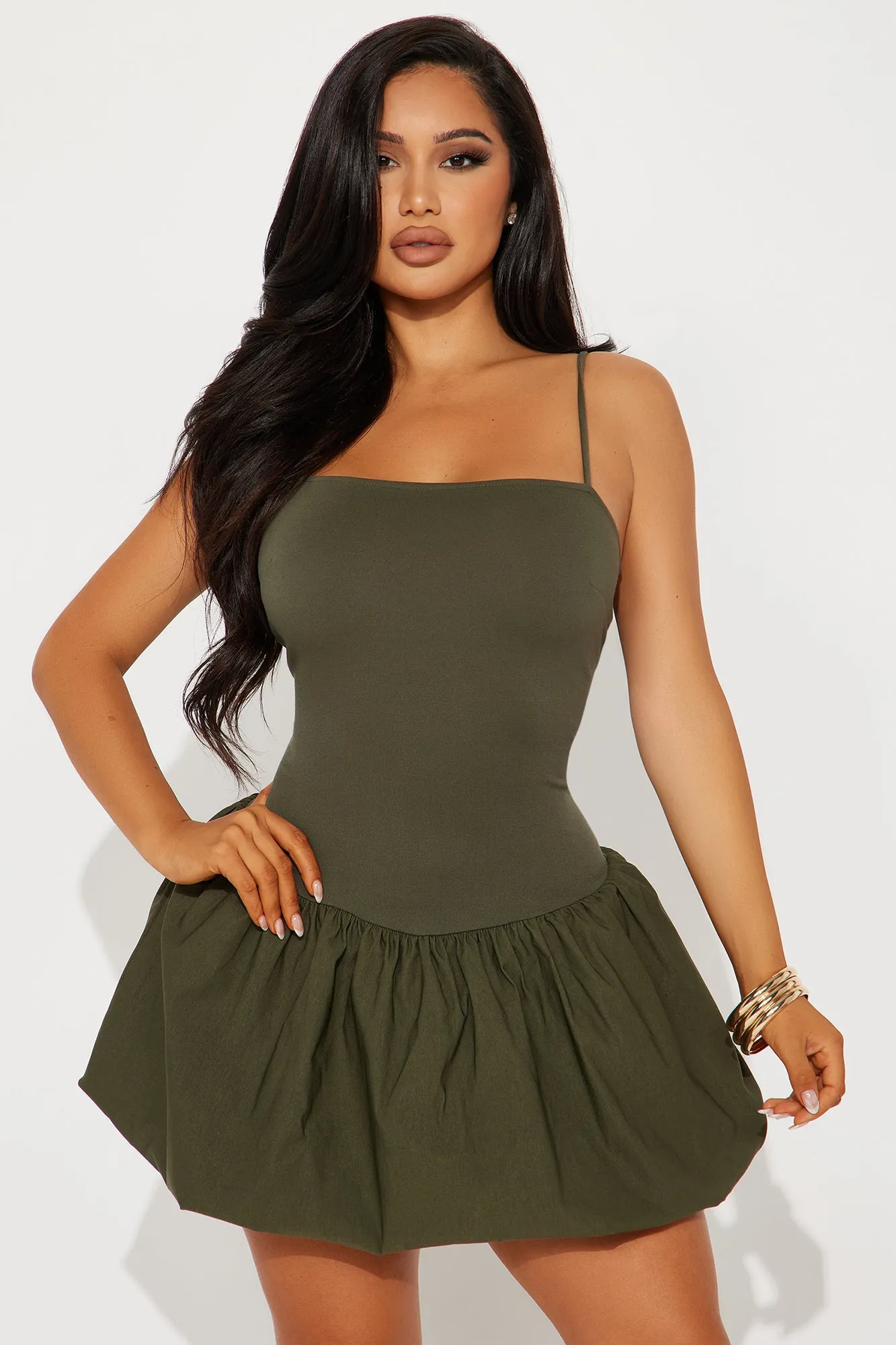 Claire Bubble Mini Dress - Olive sold by Fashion Nova