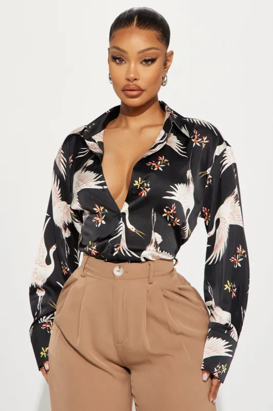 Fly Away Satin Shirt - Black/combo sold by Fashion Nova