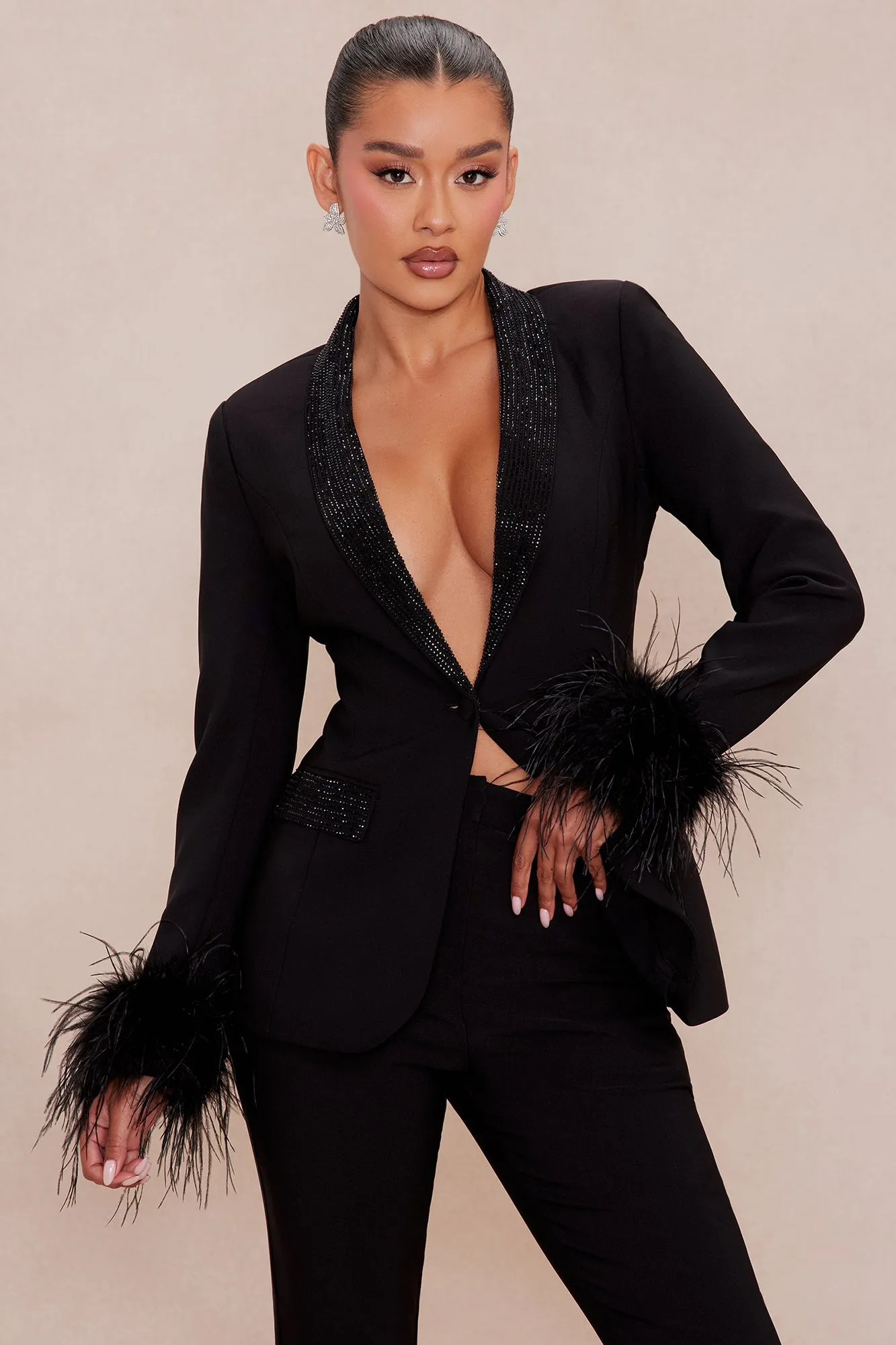 Clarissa Embellished Feather Blazer Suit Set - Black sold by Fashion Nova product image thumbnail 2