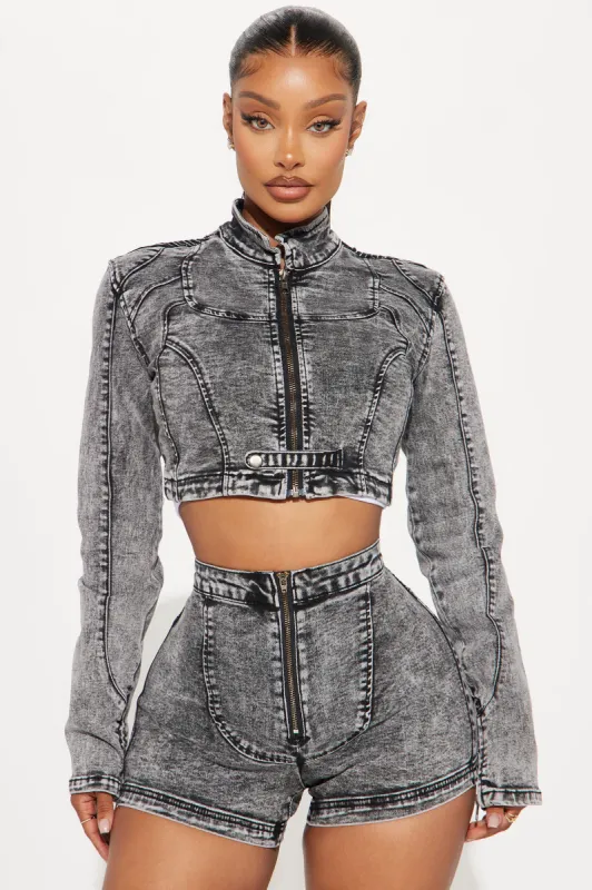 Make It Happen Moto Denim Jacket - Acid Wash Grey sold by Fashion Nova
