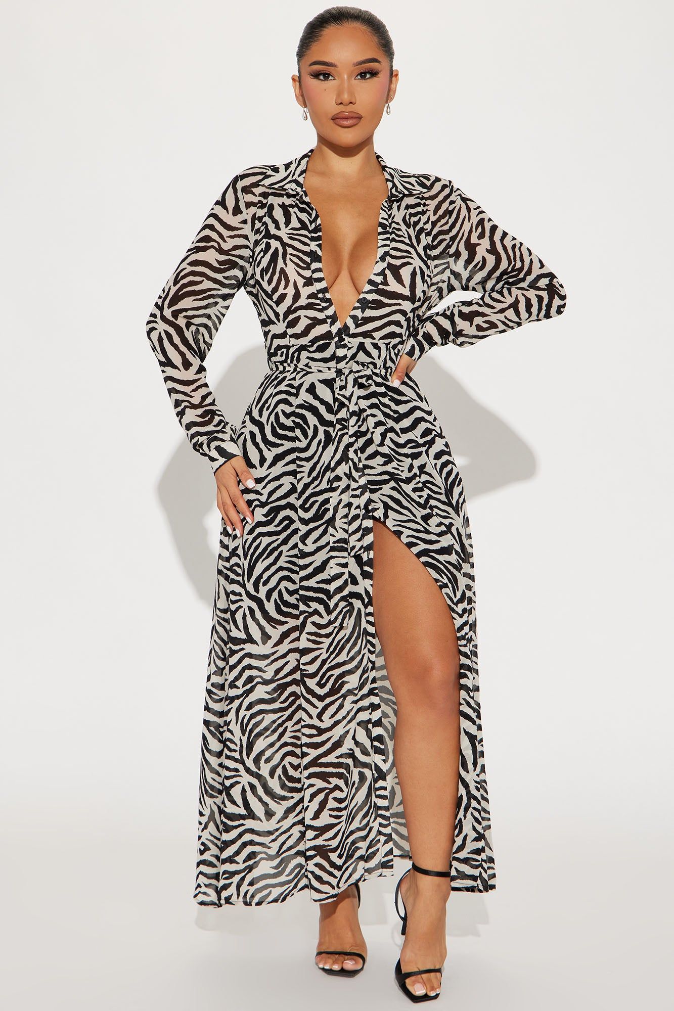 Zara Chiffon Midi Shirt Dress - Black/combo sold by Fashion Nova