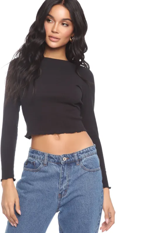 Hannah Lettuce Edge Long Sleeve Top - Black sold by Fashion Nova