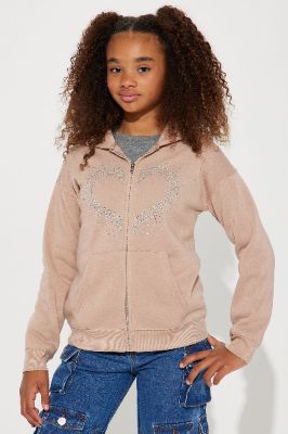 Mini Heart Face Zip Front Hoodie w/Rhinestones - Taupe sold by Fashion Nova