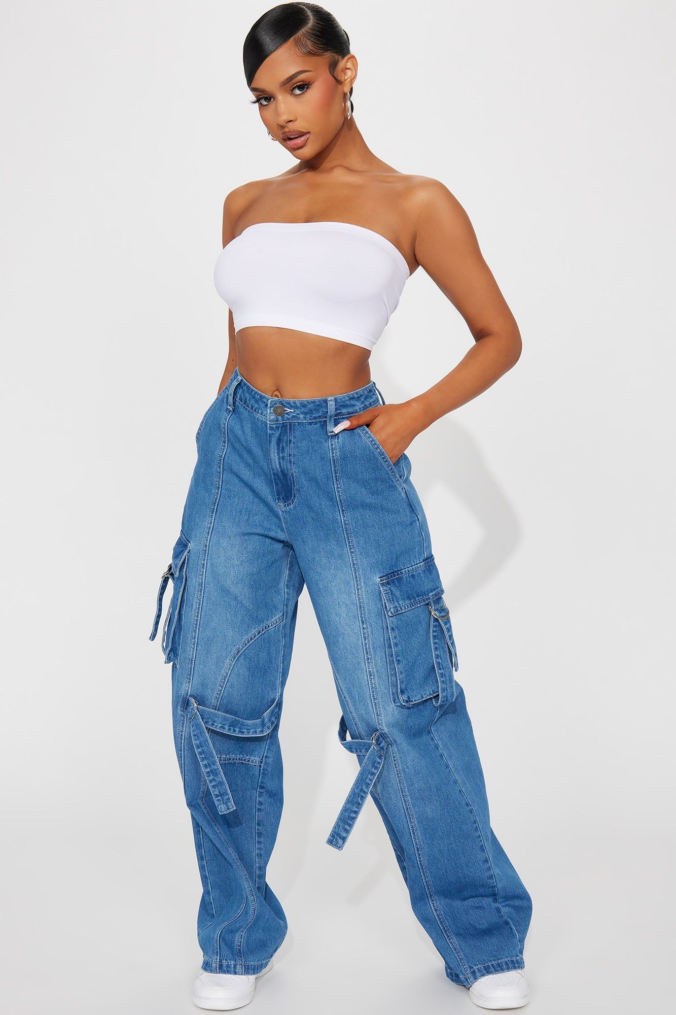 Can't Deal Non Stretch Cargo Jeans - Medium Wash sold by Fashion Nova