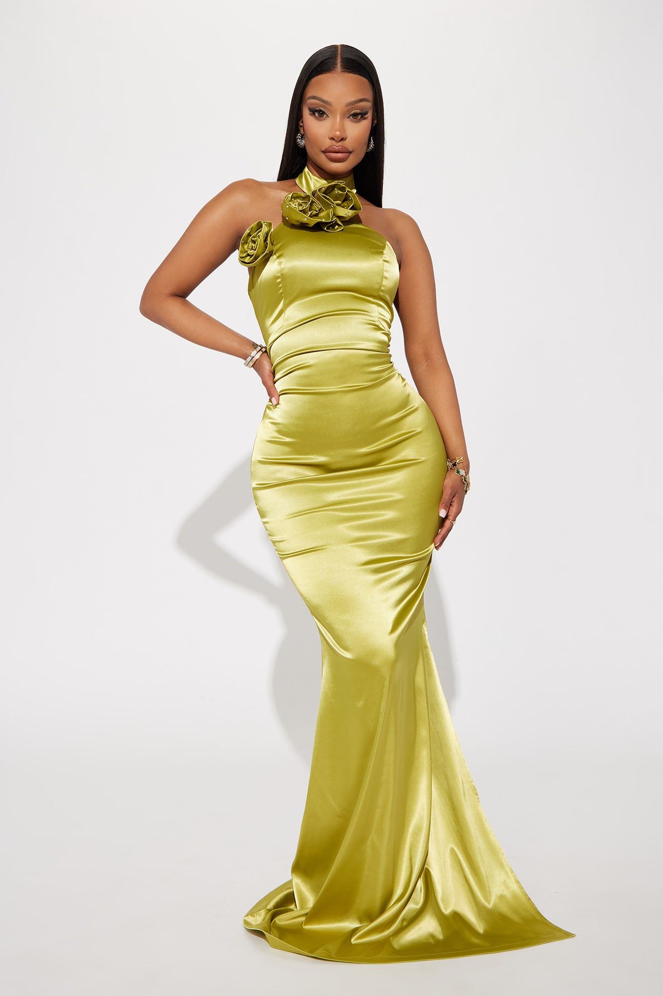 Kiera Satin Gown - Chartreuse sold by Fashion Nova