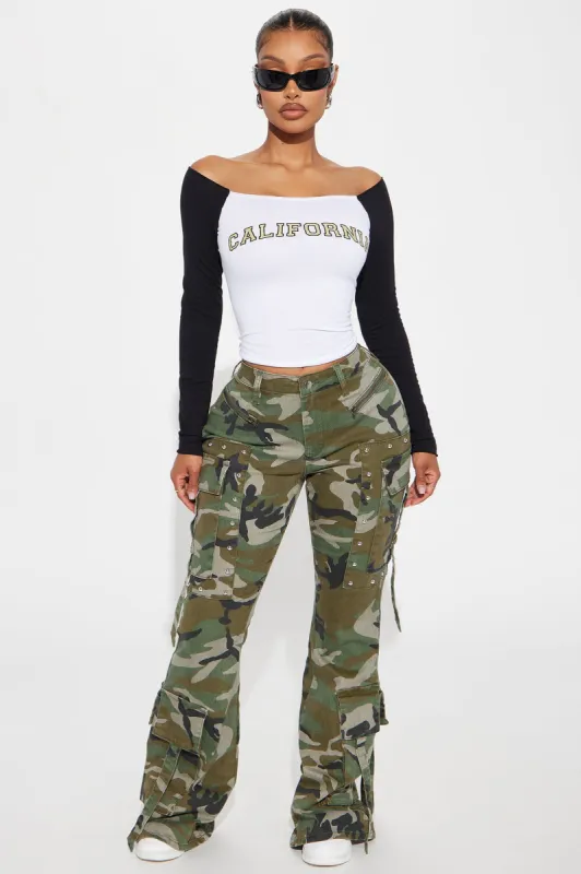 Do You Mind Camo Flare Pant - Olive/combo sold by Fashion Nova