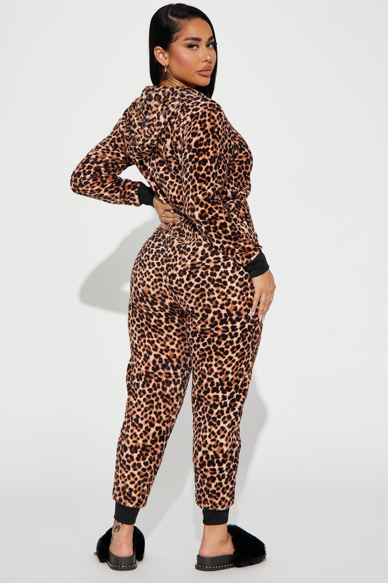 Getting Wild Fleece Hooded PJ Jumpsuit Onesie - Brown/combo sold by Fashion Nova product image thumbnail 3