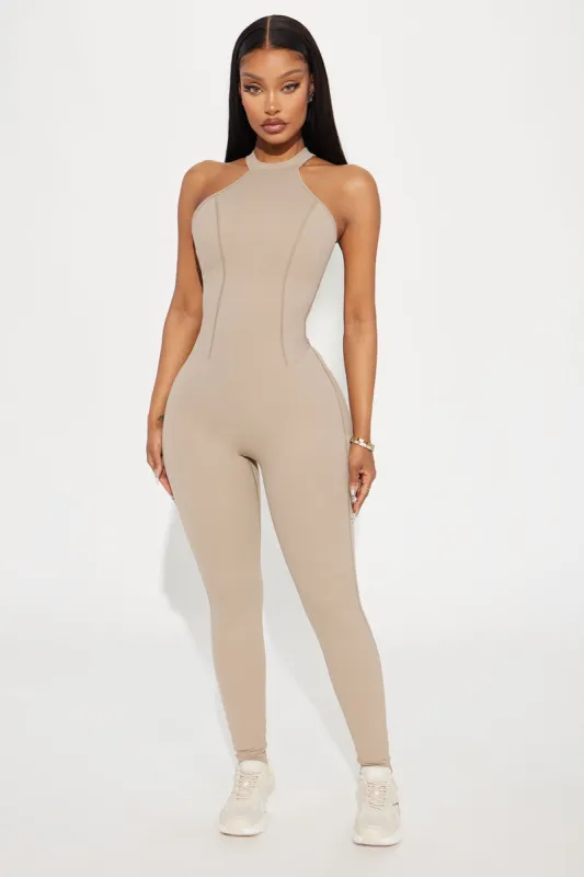 Be Flexible Active Jumpsuit - Taupe sold by Fashion Nova