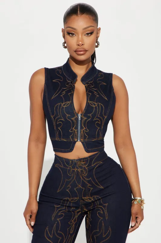 Take The Reigns Embroidered Denim Vest - Dark Wash sold by Fashion Nova