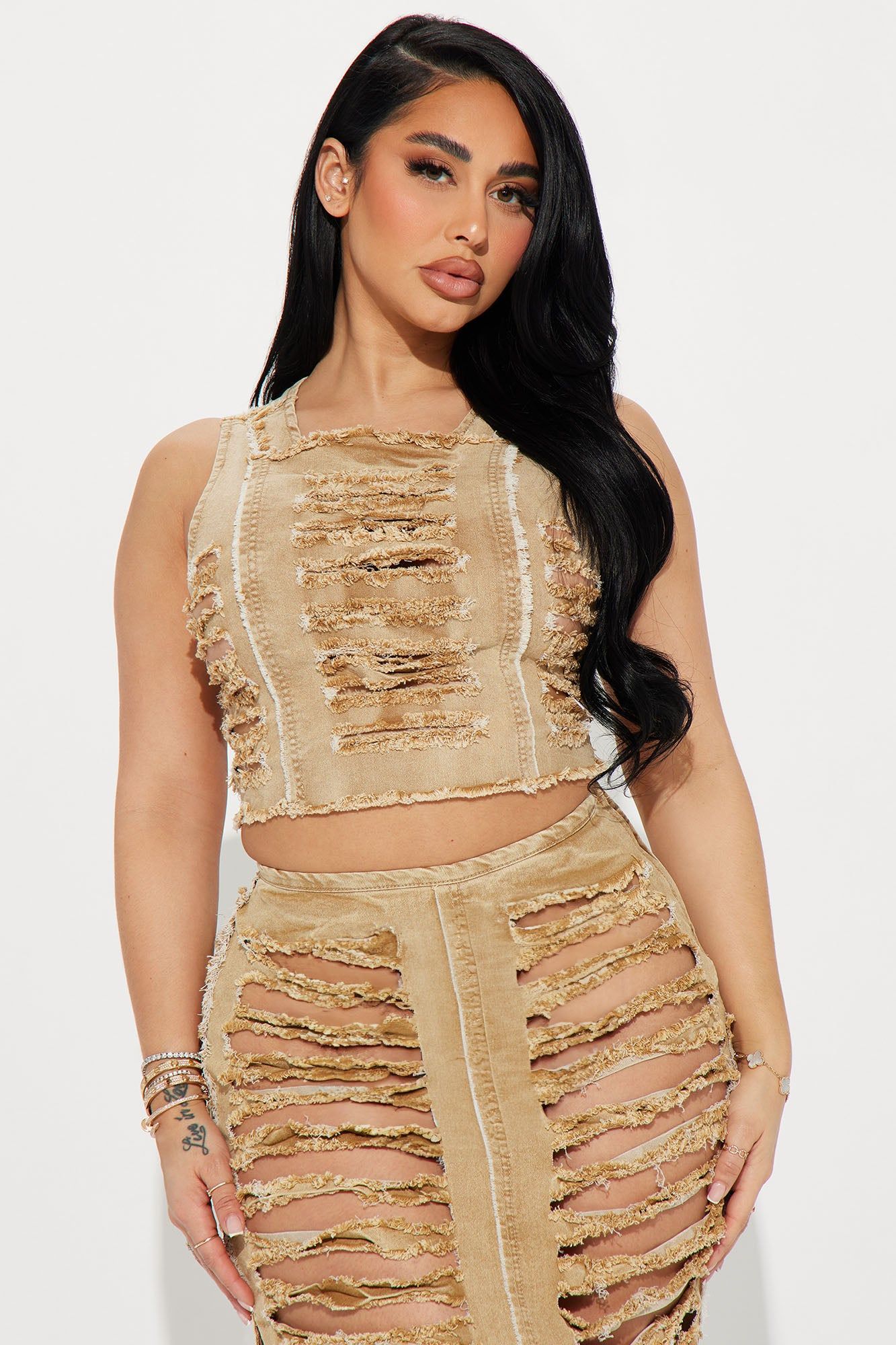 No Love Lost Distressed Denim Top - Khaki sold by Fashion Nova