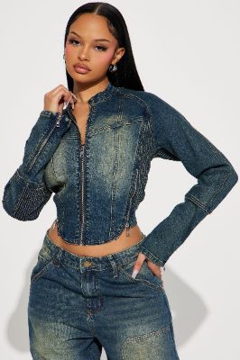 Sylvie Stretch Tinted Denim Moto Jacket - Medium Wash sold by Fashion Nova
