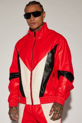 See Through You Faux Leather Track Jacket - Red/combo sold by Fashion Nova