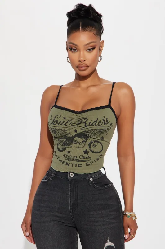 Authentic Lacey Graphic Top - Olive sold by Fashion Nova