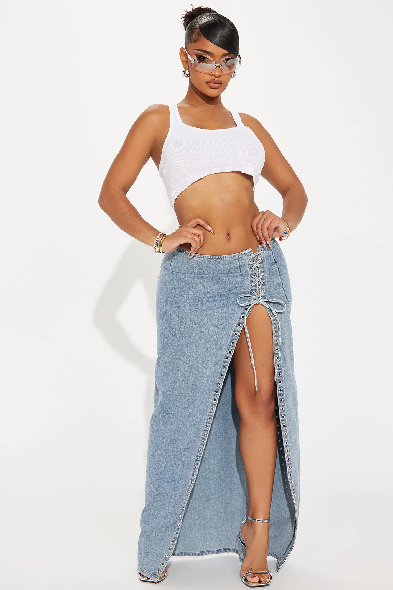 Daydreaming Lace Up Denim Maxi Skirt - Medium Wash sold by Fashion Nova