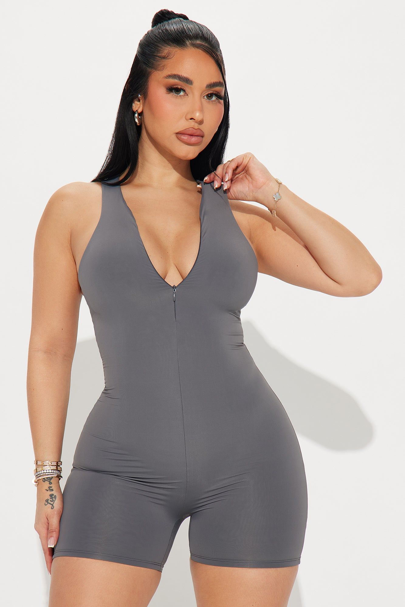 Sydney Double Lined Romper - Charcoal sold by Fashion Nova