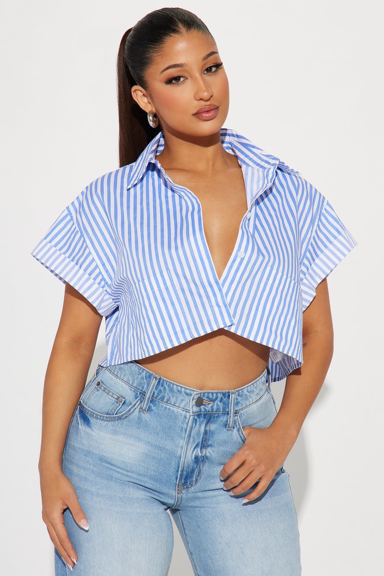 Beachside Babe Striped Shirt - White/Blue sold by Fashion Nova