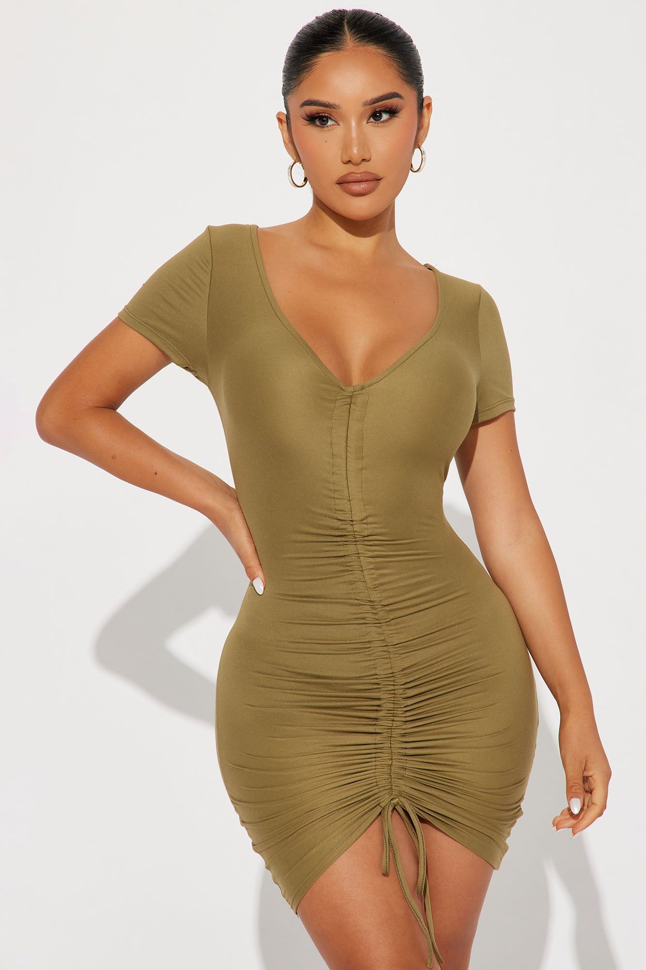 At The Office Ruched Mini Dress - Olive sold by Fashion Nova