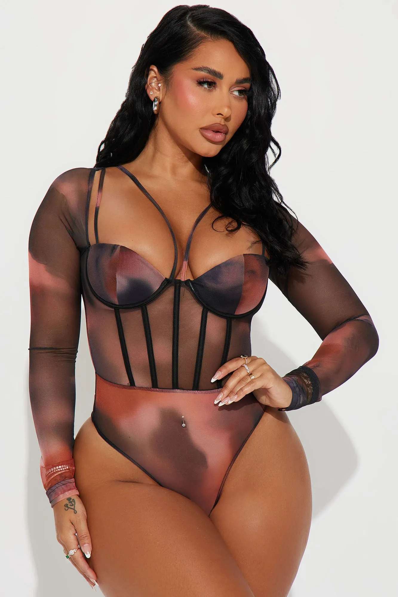 Maribelle Mesh Bodysuit - Peach/combo sold by Fashion Nova