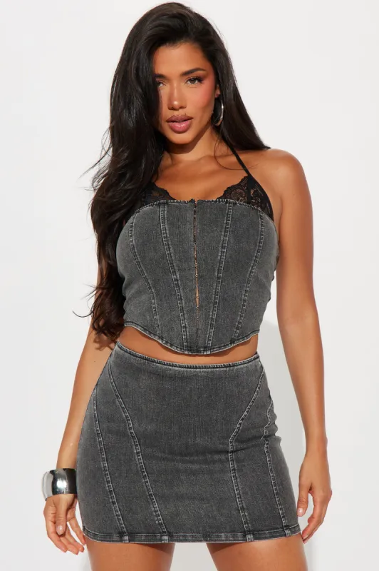 Shana Lace Trim Denim Skirt Set - Grey sold by Fashion Nova