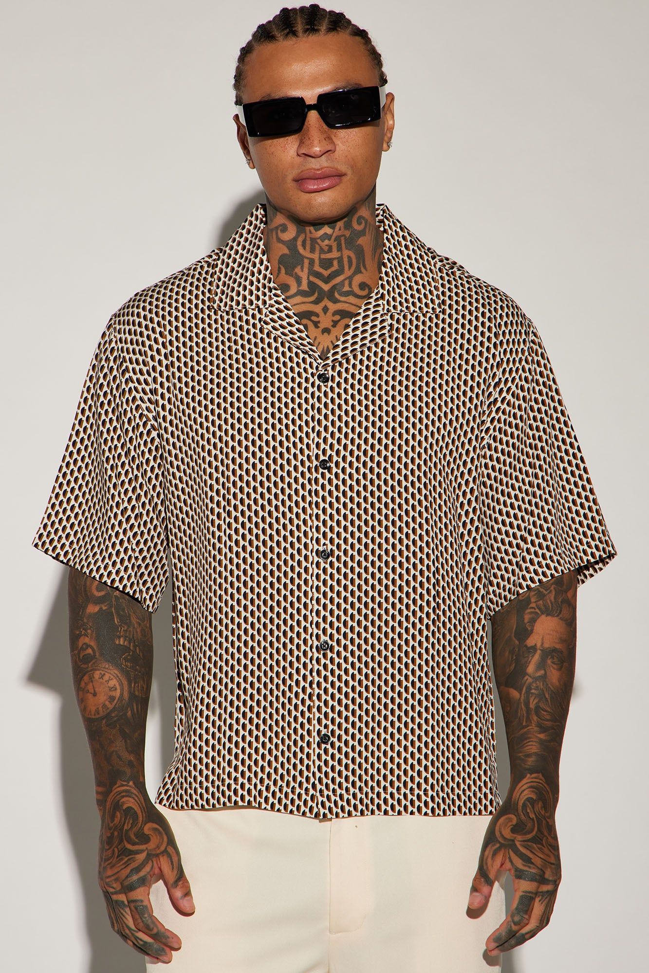 Diverse Geometric Button Up Shirt - Cream/combo sold by Fashion Nova