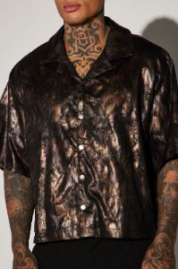 Kettner Faux Leather Cropped Button Up Shirt - Brown/combo sold by Fashion Nova