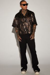 Kettner Faux Leather Cropped Button Up Shirt - Brown/combo sold by Fashion Nova