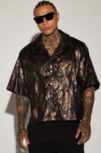 Kettner Faux Leather Cropped Button Up Shirt - Brown/combo sold by Fashion Nova