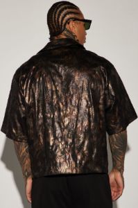 Kettner Faux Leather Cropped Button Up Shirt - Brown/combo sold by Fashion Nova