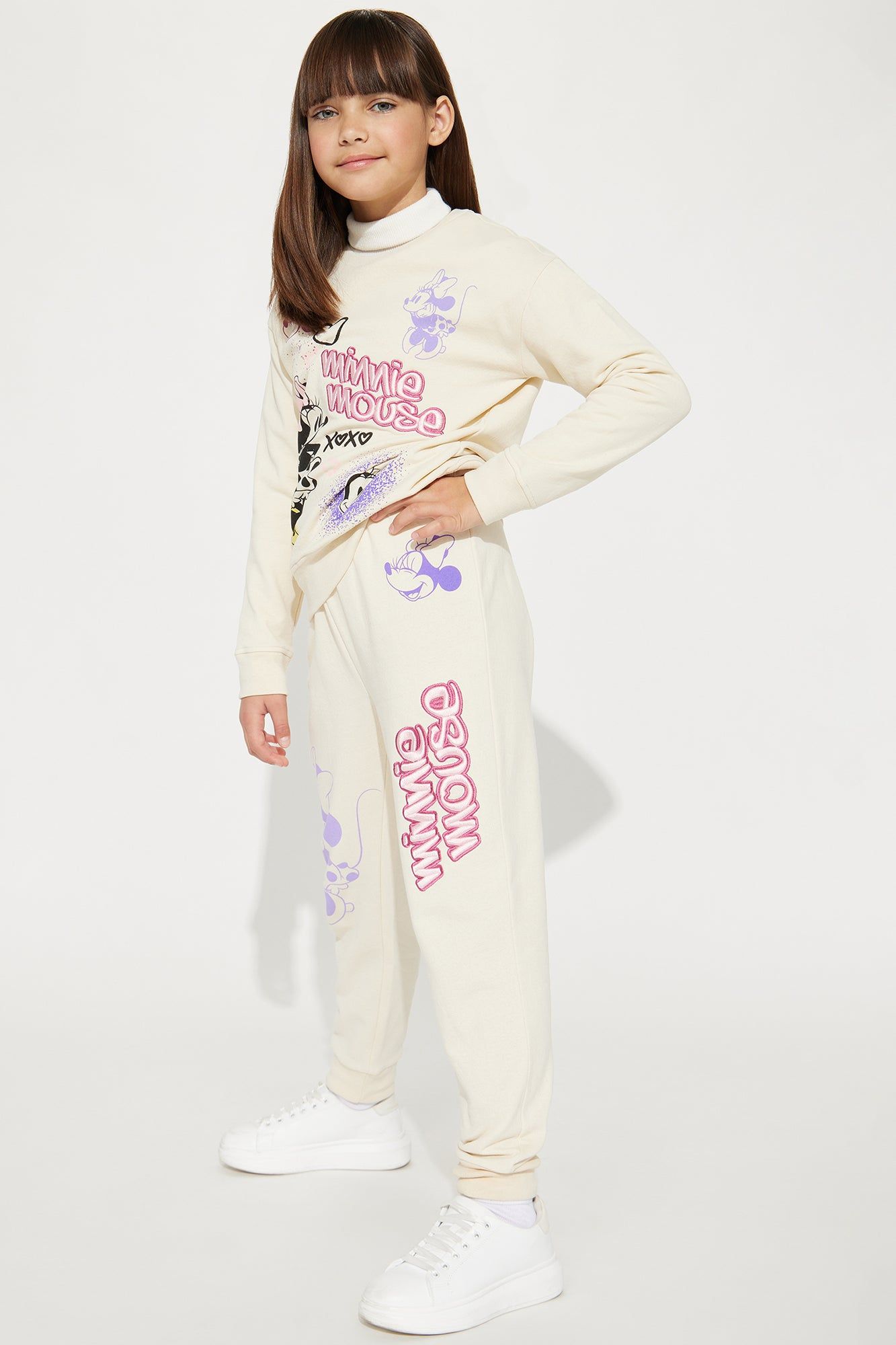 Mini Minnie Mouse Graffiti Crew Neck Jogger Set - Ivory sold by Fashion Nova