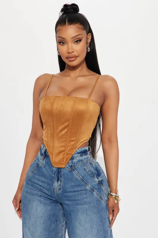 Howdy Faux Suede Corset Top - Camel sold by Fashion Nova