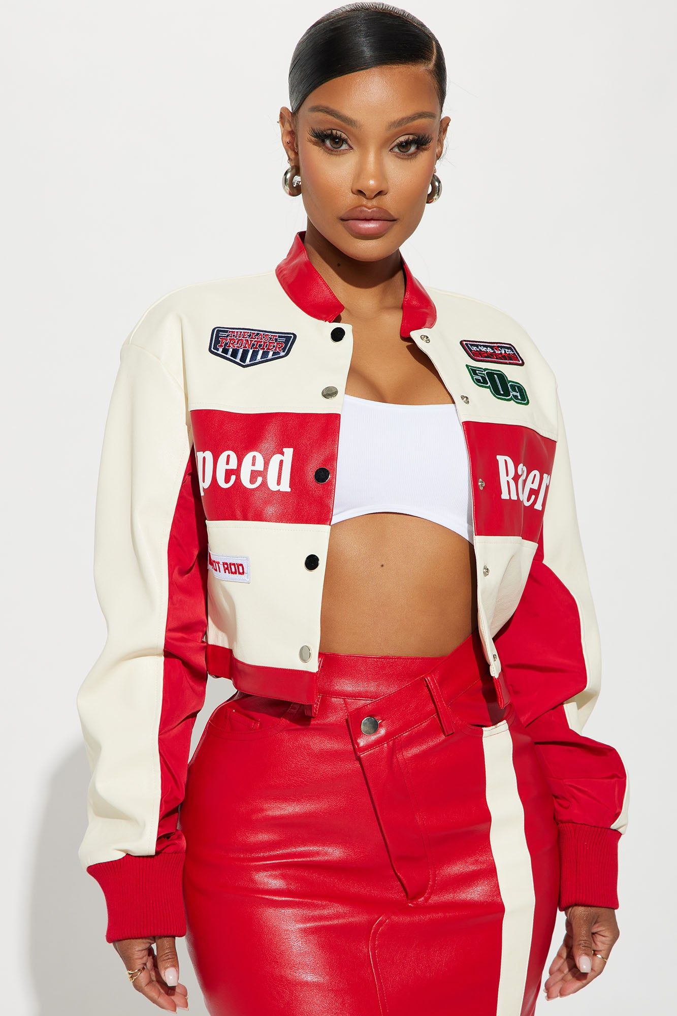 Hot Rod Cropped Moto Jacket - Red/combo sold by Fashion Nova