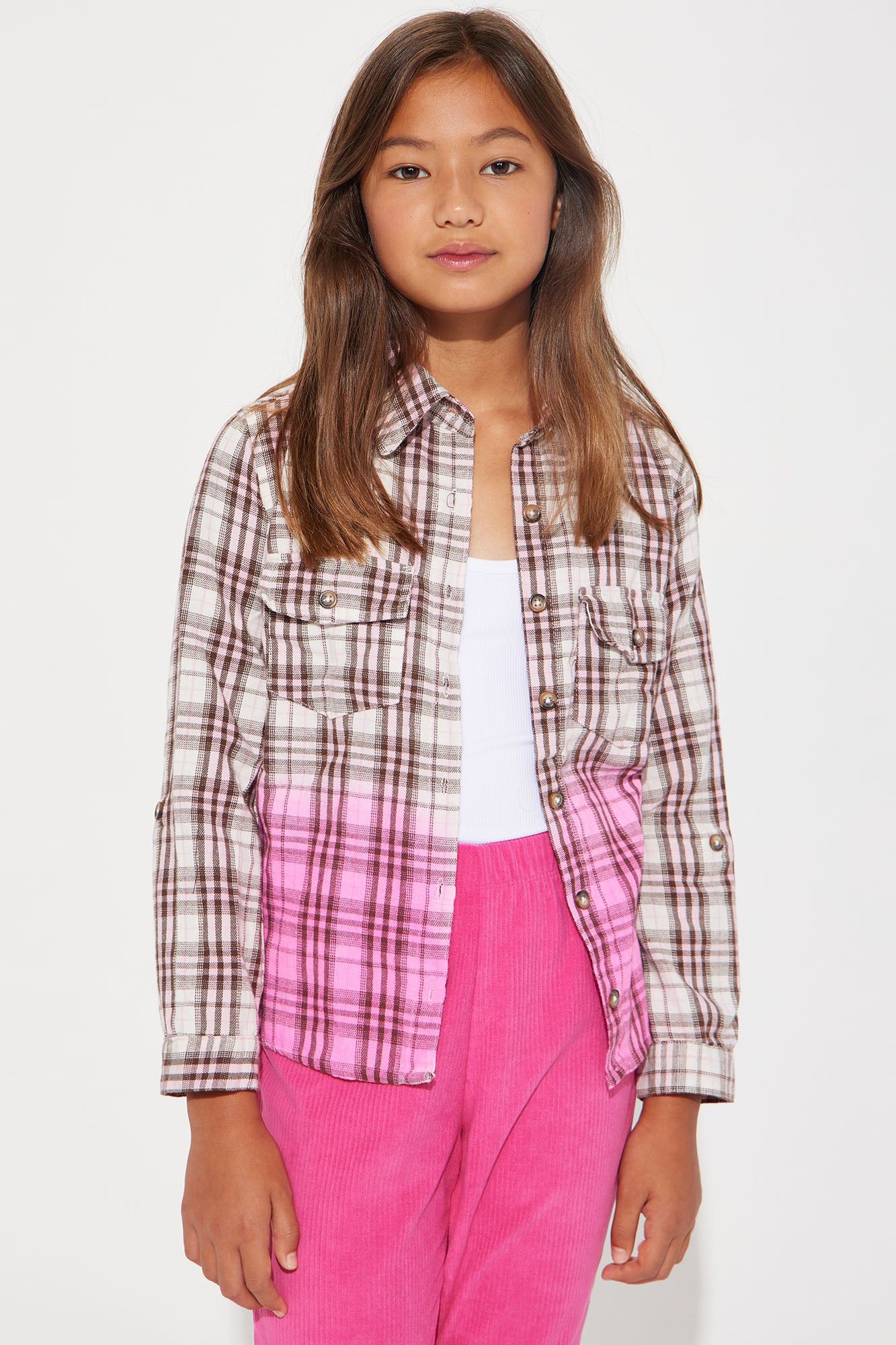 Mini Long Sleeve Dip Dye Knit Plaid Flannel - Pink Combo sold by Fashion Nova