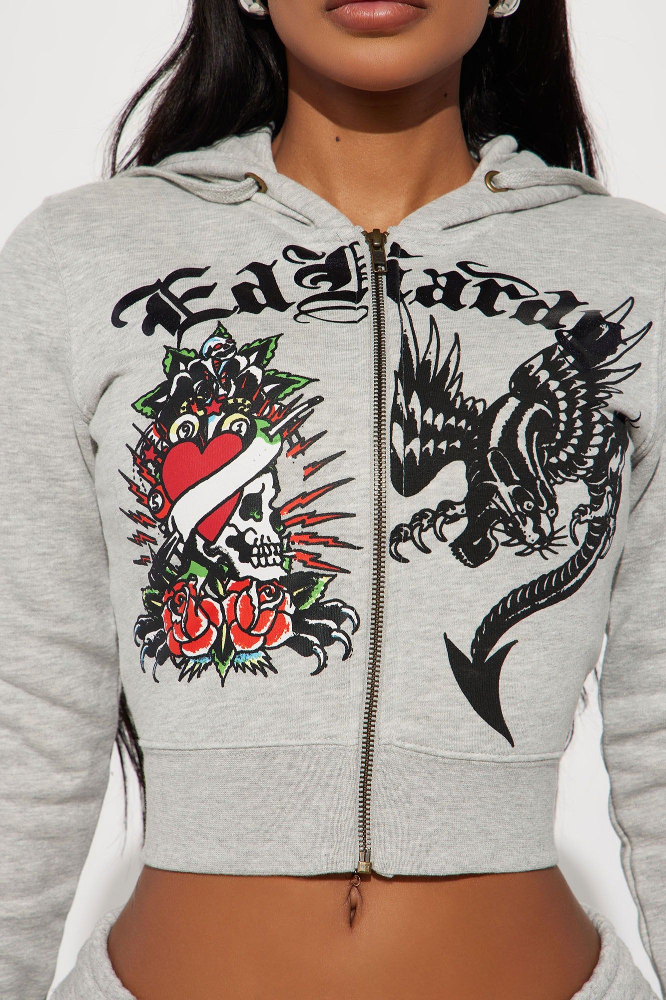 Heart Of Roses Ed Hardy Zip Front Hoodie - Heather Grey sold by Fashion Nova product image thumbnail 3